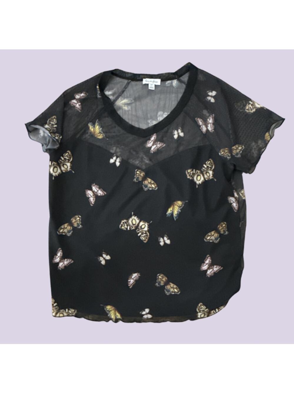 Love Fire Black Butterfly Print Sheer Mesh Top Y2K Grunge Aesthetic Small